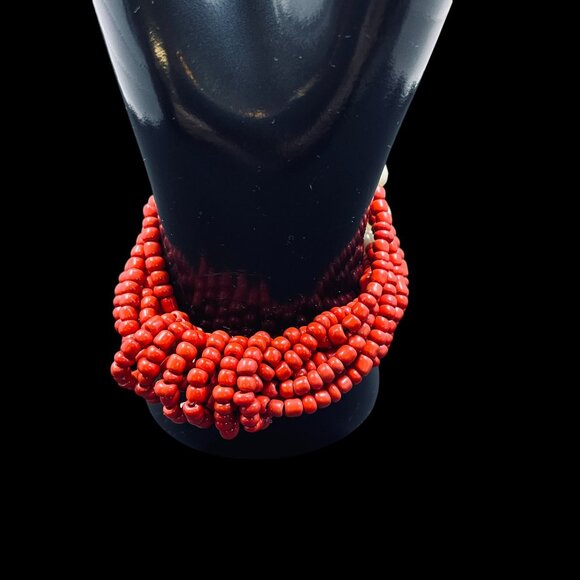 Chunky Pearl Beaded Bracelet Red White Statement Stretch Boho Layered Y2K - Picture 7 of 10